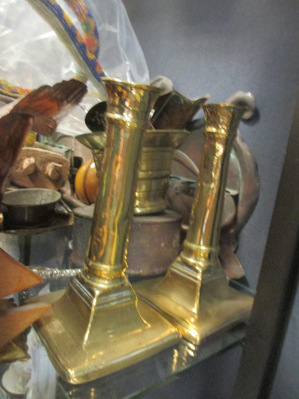 An Arts & Crafts copper pipe holder, various items of brassware to include candlesticks and - Image 3 of 3