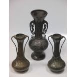 A pair of Japanese bronze vases and another vase (3)