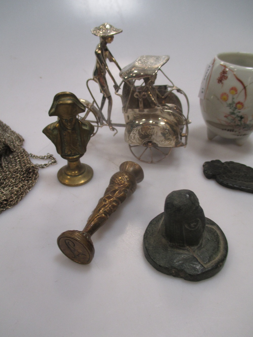 Nutmeg grater in treen case and Far Eastern rickshaw, chain mesh purse & two cups & a few other - Image 2 of 2