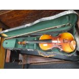 A childs violin and bow made in Canton, a cased violin (A/F) and a cased violin made in china (3)