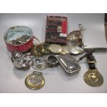 A small quantity of metal wares to include a silver mustard, plate, horse brasses and 20th century