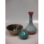 An Alan Brough bowl, a Littlehampton Sussex pottery vase, Bourne Denby vase, a studio pottery yellow