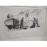 John Hodes (b.1925), Working on the boats, pen and ink, signed