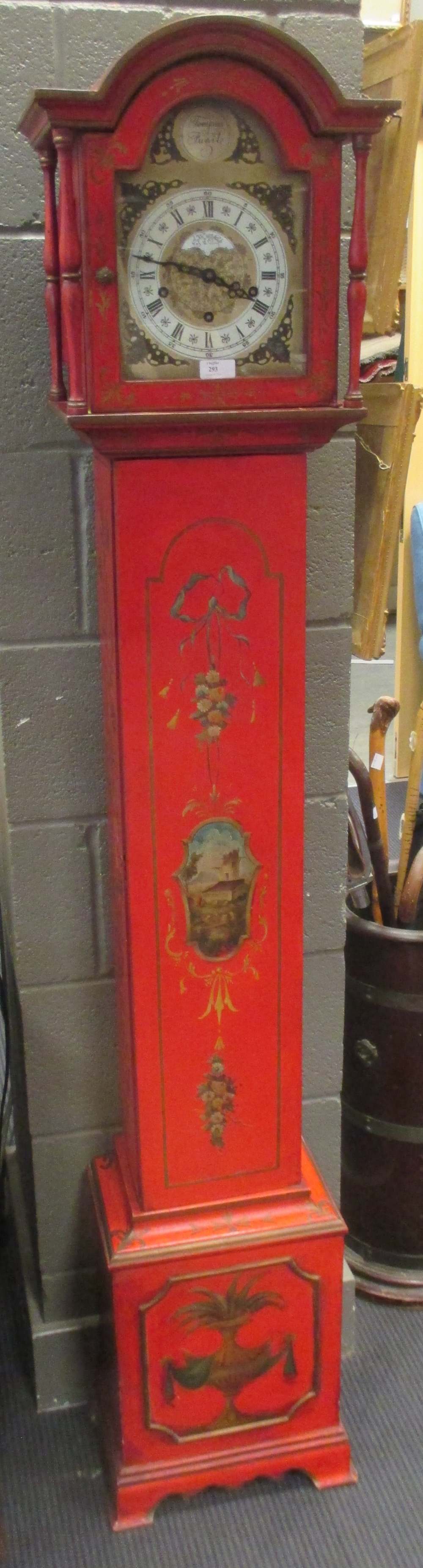 A red lacquer longcase clock, 175cm high