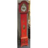A red lacquer longcase clock, 175cm high