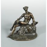 After the Antique, a 19th century bronze model of Mercury, seated at rest upon a rocky outcrop