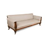 A late Regency rosewood sofa, upholstered in a grey linen fabric, with lapit carved show-wood, on