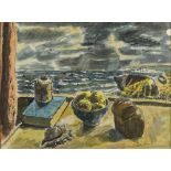 § George Hooper (British, 1910-1994) Beach in winter with a still life on a ledge signed 'George