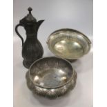 A 900 standard bowl on 3 feet, Indian christening cup in box, a buckle and various plated wares