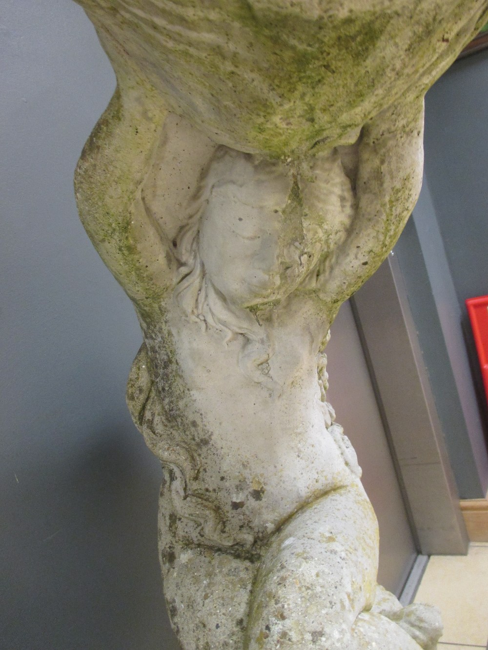 Two composition garden statues: boy 76cm high, figure on stand 128cm high - Image 4 of 4