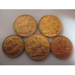 Three gold sovereigns, 1903, 1910 and 1912 and two half sovereigns, 1902 and 1911 (5)