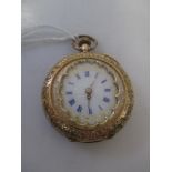 A yellow metal ladies pocket watch with enamel dial, marked 14k