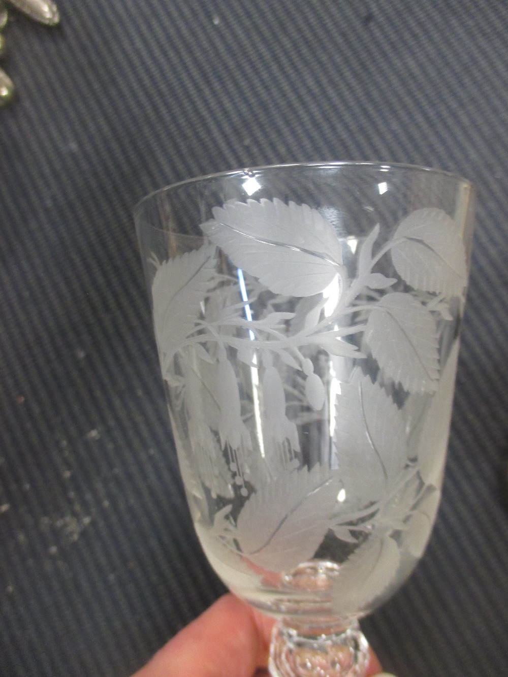 Various antique air-twist stem glasses, and a glass engraved with a giraffe and spiders web - Image 3 of 4