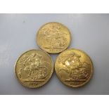 Three gold sovereigns, 1875, and two 1912 (3)