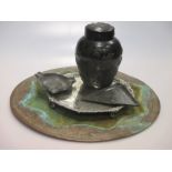 A Japanese bronze pot pourri jar and cover (15cm high) together with two pewter ashtrays, a brass