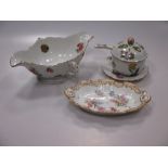 A Herend porcelain two handled sauceboat and a preserve pot, cover, spoon and stand