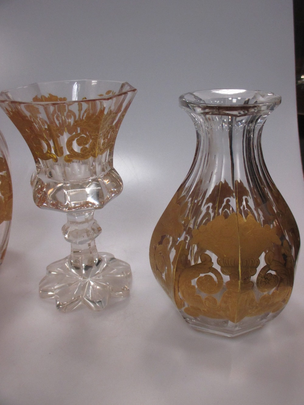 A 19th century gilded glass decanter with handle and stopper, two faceted wine glasses, a glass - Image 2 of 6