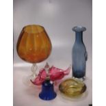 A collection of 20th century glass to include an octopus coloured glass etched punchbowl, a Loetz