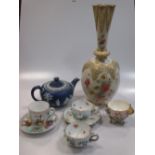 A reticulated Worcester vase (repaired), a Wedgwood jasper ware teapot and four German cups with