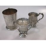 A Victorian silver christening cup, a silver two handled cup and a silver small beer mug, 11.1ozt