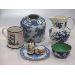 A Chinese "clobbered" vase, a blue and white vase, a Sunderland lustre jug, jugs, etc.