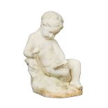 A reconstituted marble figure of a young seated scribe, modelled quill and paper in hand, numbered
