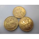 Three gold sovereigns, 1876, 1911 and 1913 (3)