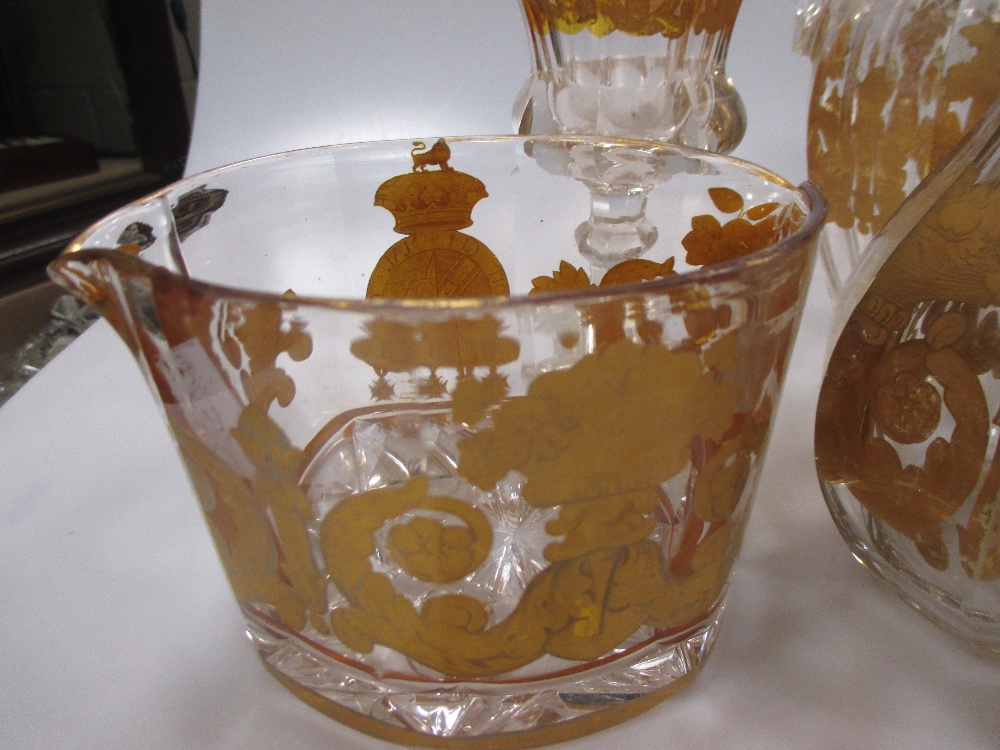 A 19th century gilded glass decanter with handle and stopper, two faceted wine glasses, a glass - Image 4 of 6