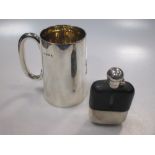 A silver pint tankard and a silver and glass small hip flask, 10.7ozt weighable (2)