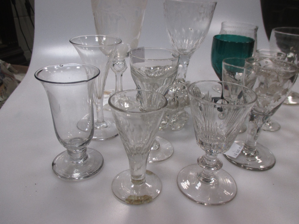 Various antique air-twist stem glasses, and a glass engraved with a giraffe and spiders web - Image 2 of 4