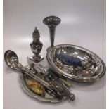 A quantity of silver plated goods, including an entree dish, a trumpet vase, an oval tray, a 73