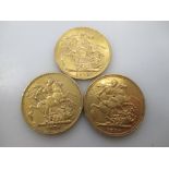 Three gold sovereigns, 1876, 1890 and 1913