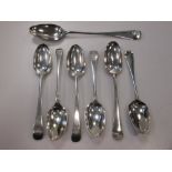 Six George II and George III tablespoons and a basting spoon, 17oz (7)