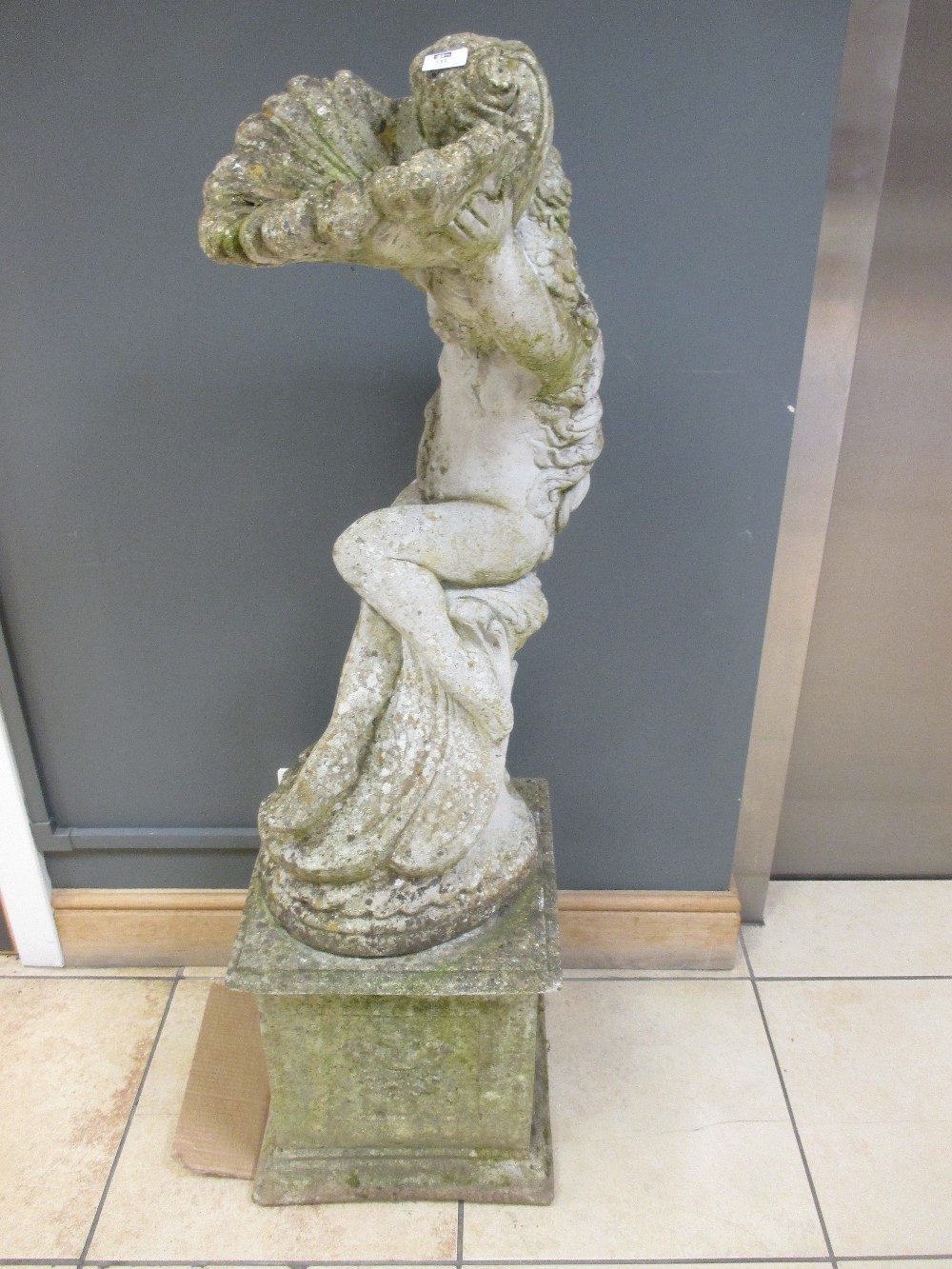 Two composition garden statues: boy 76cm high, figure on stand 128cm high - Image 2 of 4
