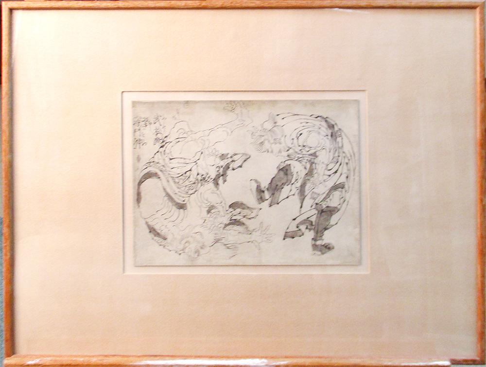 Katsushika Hokusai (1760-1849) Monsin beaten by the great hero, Edo period, ink on paper, Label - Image 2 of 4