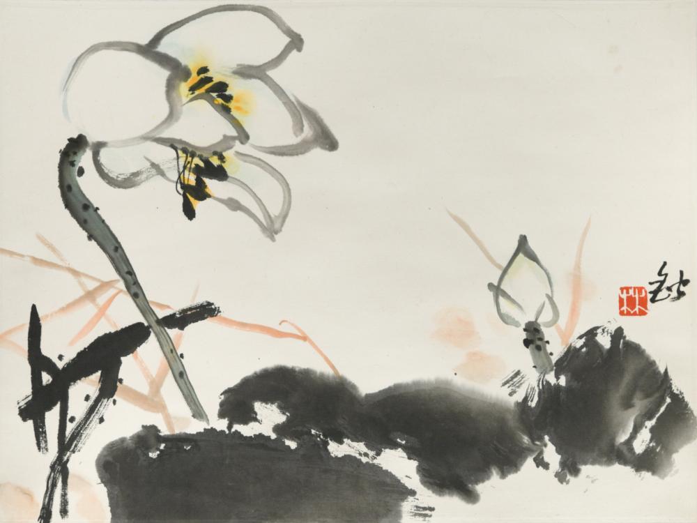 Lin Kai (1924-2006) White lotus mounted; ink and colour on paper One seal and signed 34 x 45cm (13 x