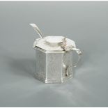 A Victorian silver octagonal shaped mustard, by George Richards, London 1851, with blue glass liner,