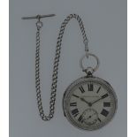 An Edward VII silver open faced pocket watch and chain, the case by the Lancashire Watch Company Ltd