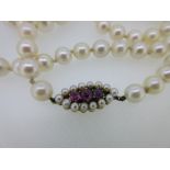 An opera length cultured pearl necklace with a ruby and seed pearl clasp, together with a pair of