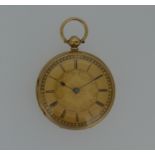 An unsigned 18ct gold open faced pocket watch, the gilt floral dial, 40mm diameter, with black Roman