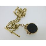 A necklace length 18ct gold 'Double Albert' watch chain with T-bar suspending a hardstone swivel