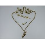 A 9ct gold chain with two golfing pendants and another golfing brooch, the belcher link chain by