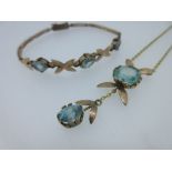 A mid 20th century blue zircon and light blue spinel pendant necklace and bracelet suite, the