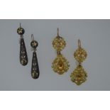 A pair of yellow topaz and filigree earpendants together with a pair or tortoiseshell piqué work