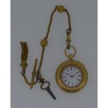 An unsigned continental open faced pocket watch with accompanying Albertina chain, the white dial,