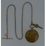 Baume - An open faced pocket watch with accompanying Albertina chain, the gilt floral dial, 40mm