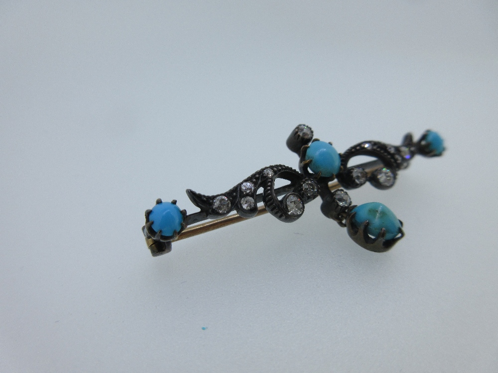 A turquoise and diamond bar brooch, the claw set oval cabochon turquoise with a crimp collet set old - Image 4 of 5