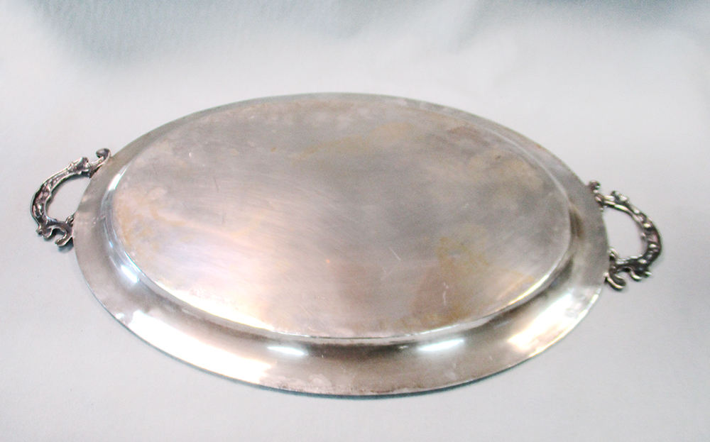 A German metalwares oval tray, by Handarbeit, with floral border and two applied scrolling - Image 4 of 5