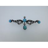 A turquoise and diamond bar brooch, the claw set oval cabochon turquoise with a crimp collet set old