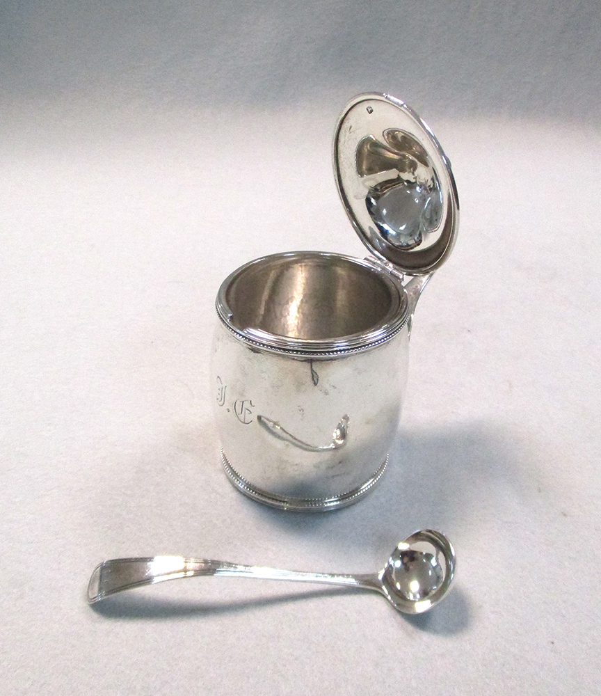 A George III silver barrel shaped mustard and spoon, by Michael Plummer, London 1795, with reed - Image 2 of 6